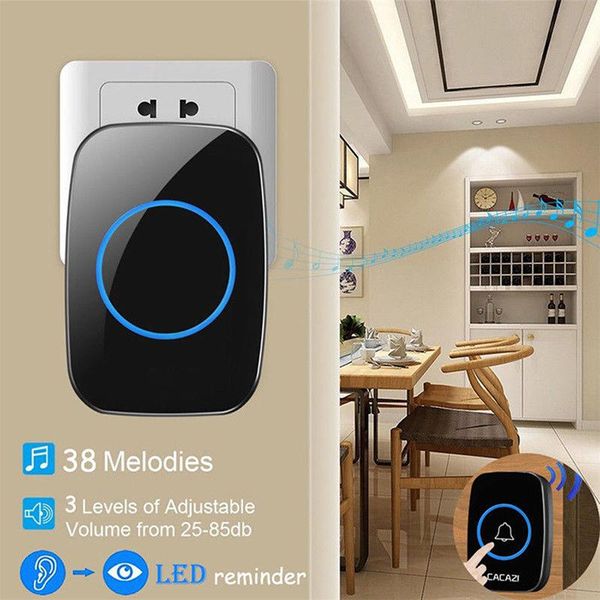 waterproof led wireless doorbell eu/uk/us plug 38 songs chime door bell doorbells