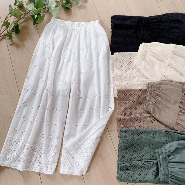women's pants & capris summer cotton and linen wide-leg elastic waist flower embroidery lace hollow casual trousers, Black;white
women's pants & capris summer cotton and linen wide-leg elastic waist flower embroidery lace hollow casual trousers, Black;white