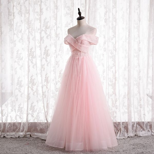 off the shoulder pink bridesmaid dresses lace-up back soft tulle with beading wedding party gowns, White;pink
off the shoulder pink bridesmaid dresses lace-up back soft tulle with beading wedding party gowns, White;pink
