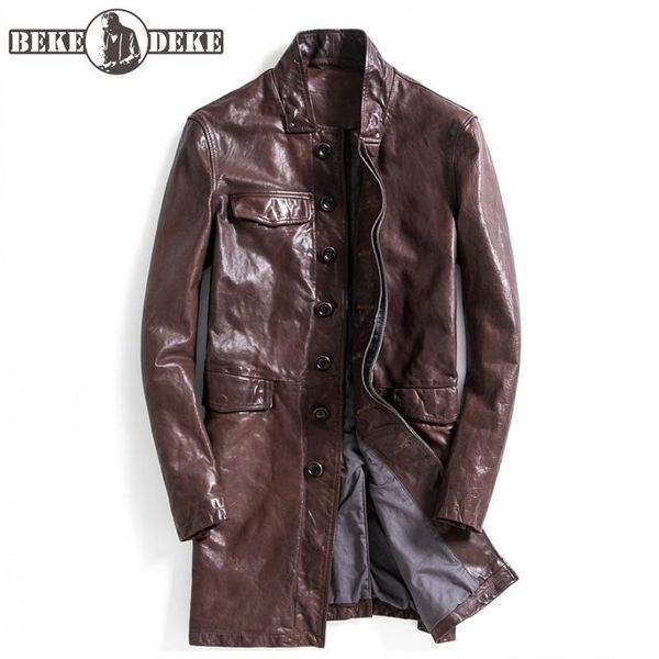 men's leather & faux brand vintage genuine jacket mens street casual trench fashion stand collar single breasted horsehide long jackets, Black
men's leather & faux brand vintage genuine jacket mens street casual trench fashion stand collar single breasted horsehide long jackets, Black