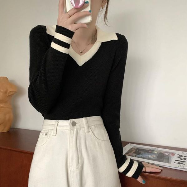 women's sweaters autumn winter 2021 korean chic casual woman lapel contrast color elegant knit pullovers all-match ol jumper, White;black
women's sweaters autumn winter 2021 korean chic casual woman lapel contrast color elegant knit pullovers all-match ol jumper, White;black