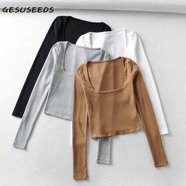 women's t-shirt long sleeve women fall cropped t shirt vintage square neck slim knitted white shirts black solid 2021
women's t-shirt long sleeve women fall cropped t shirt vintage square neck slim knitted white shirts black solid 2021