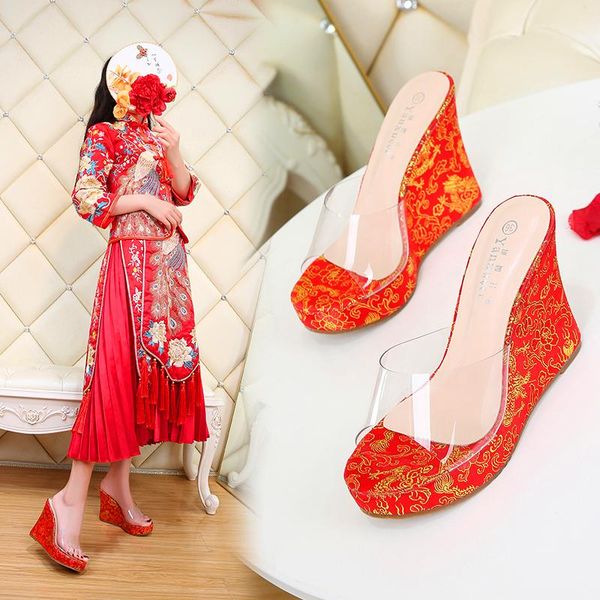 slippers women's shoes summer embroidered wedges with red xiuhe wedding high-heel transparent sandals and, Black
slippers women's shoes summer embroidered wedges with red xiuhe wedding high-heel transparent sandals and, Black