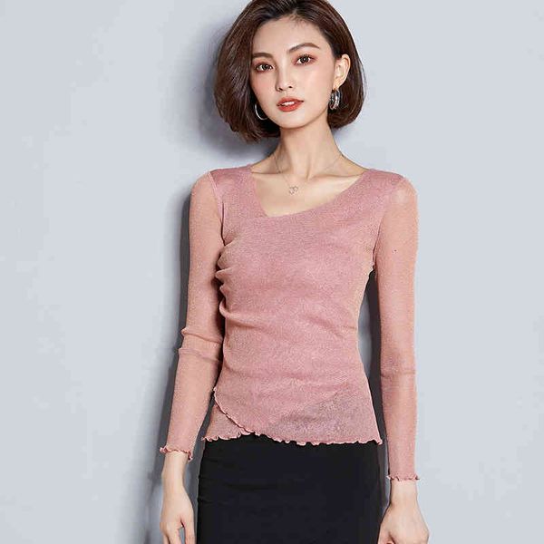 office lady yarn t-shirts women long sleeve gold and silver gauze mesh t-shirt female v-neck tee, White
office lady yarn t-shirts women long sleeve gold and silver gauze mesh t-shirt female v-neck tee, White