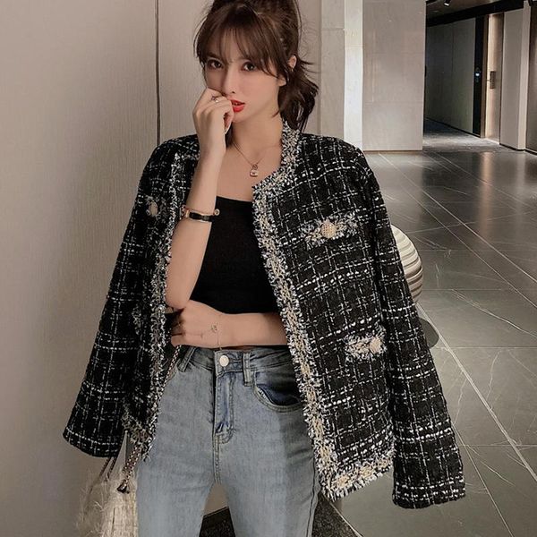 women's jackets small fragrance tweed plaid jacket autumn winter elegant fashion vintage o neck coat korean loose casual long sleeve, Black;brown
women's jackets small fragrance tweed plaid jacket autumn winter elegant fashion vintage o neck coat korean loose casual long sleeve, Black;brown
