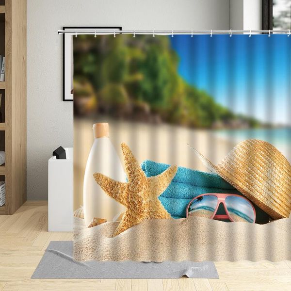 summer seaside sandy beach tourism vacation view yellow car starfish pattern bathroom home shower curtain waterproof with hook curtains
