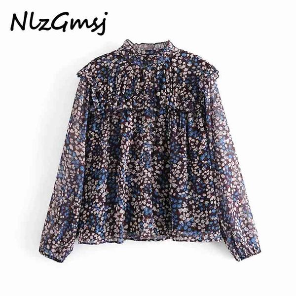 blouse women floral print chiffon vintage long puff sleeve ruffle shirt female fashion pleated inner 210628, White 
blouse women floral print chiffon vintage long puff sleeve ruffle shirt female fashion pleated inner 210628, White