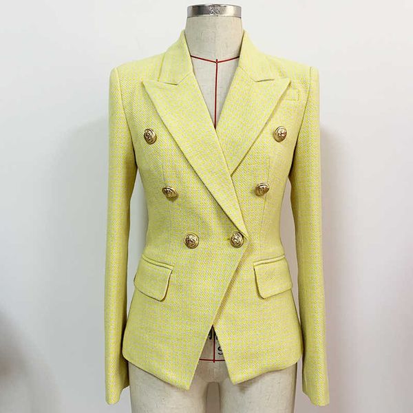 est fashion designer jacket women's lion buttons double breasted yellow houndstooth tweed blazer 210526, White;black
est fashion designer jacket women's lion buttons double breasted yellow houndstooth tweed blazer 210526, White;black