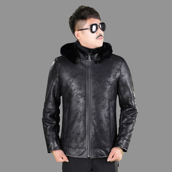 men's leather & faux real coat original ecological fur integrated fashion printed jacket hooded detachable winter, Black
men's leather & faux real coat original ecological fur integrated fashion printed jacket hooded detachable winter, Black