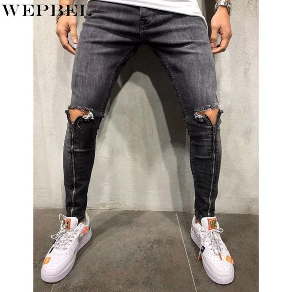 men's slim-fit ripped solid color pencil jeans spring and summer leisure zipper button pants, Black
men's slim-fit ripped solid color pencil jeans spring and summer leisure zipper button pants, Black