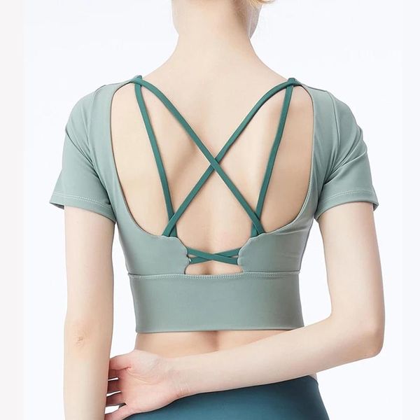 women workout yoga cross back short sleeve t shirt clothes naked sports fitness with chest pad outfit
women workout yoga cross back short sleeve t shirt clothes naked sports fitness with chest pad outfit