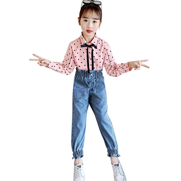 kids school clothes dot blouse + jeans clothing for girls spring sets casual style children's set 210528, White
kids school clothes dot blouse + jeans clothing for girls spring sets casual style children's set 210528, White