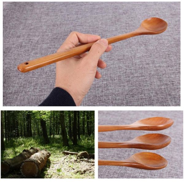 spoons wooden milk honey soup spoon solid wood tableware long handle teaspoon coffee stir stick kitchen accessories sets dropship