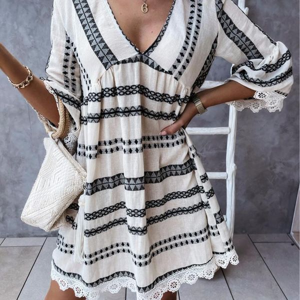 party dresses fashion v-neck half sleeve striped beach mini dress women 2021 summer lace loose casual laides woman robe femme, White;black
party dresses fashion v-neck half sleeve striped beach mini dress women 2021 summer lace loose casual laides woman robe femme, White;black