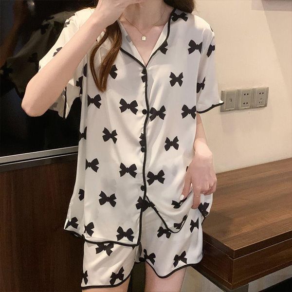 women's sleepwear pajamas summer short sleeve ice silk imitation lovely net red spring and autumn home wear two piece suit, Black;red
women's sleepwear pajamas summer short sleeve ice silk imitation lovely net red spring and autumn home wear two piece suit, Black;red