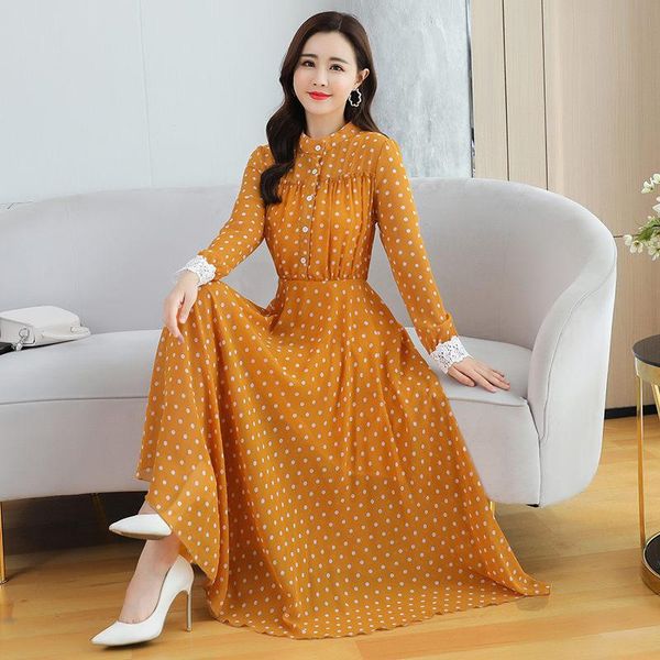 casual dresses retro chiffon dress 2021 autumn winter women's full sleeve temperament stand collar slim long polka dot spring zh1664, Black;gray
casual dresses retro chiffon dress 2021 autumn winter women's full sleeve temperament stand collar slim long polka dot spring zh1664, Black;gray