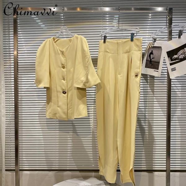 women's two piece pants 2021 summer puff sleeve round neck casual suit jacket women split high waisted wide leg trouser lady pieces set, White 
women's two piece pants 2021 summer puff sleeve round neck casual suit jacket women split high waisted wide leg trouser lady pieces set, White