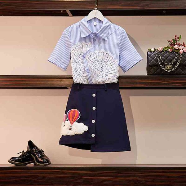 brand design summer women's short sleeve striped lace patchwork blouse and irregular embroidery skirt 2 piece set 210525, White
brand design summer women's short sleeve striped lace patchwork blouse and irregular embroidery skirt 2 piece set 210525, White