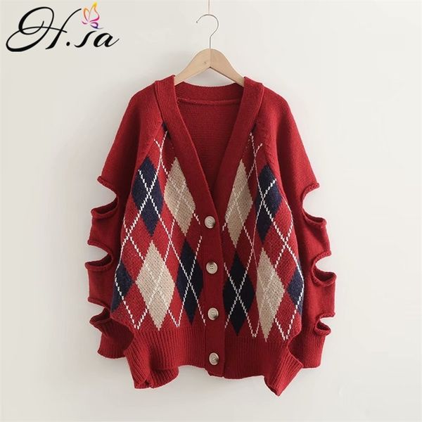 women argyle cardigans v neck broken hole knitting long sweater jacket korean fashion oversized knit slim sweaters 210430, White
women argyle cardigans v neck broken hole knitting long sweater jacket korean fashion oversized knit slim sweaters 210430, White