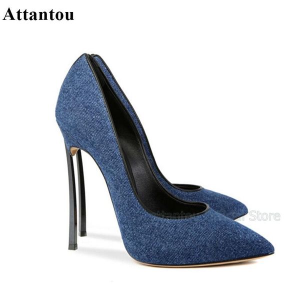 dress shoes blue denim high heel pumps pointed toe women metal blade heeled shallow mouth slip on spring office, Black
dress shoes blue denim high heel pumps pointed toe women metal blade heeled shallow mouth slip on spring office, Black