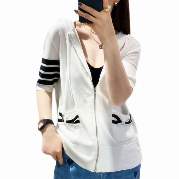 summer new women's clothing tb college style thin casual temperament ice silk short sleeve hooded knitted zipper cardigan, White
summer new women's clothing tb college style thin casual temperament ice silk short sleeve hooded knitted zipper cardigan, White