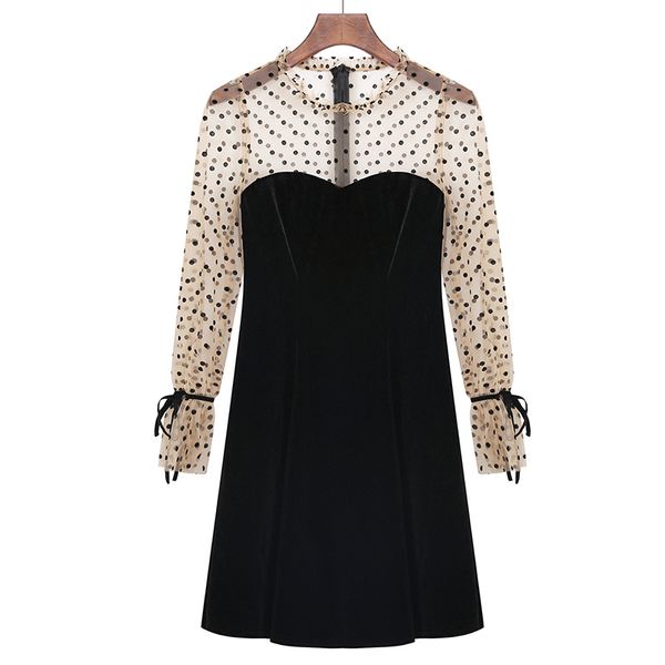 women black stand collar polka dot mesh patchwork velvet bow long sleeve empire a-line mini dress female spring d2445 210514, Black;gray
women black stand collar polka dot mesh patchwork velvet bow long sleeve empire a-line mini dress female spring d2445 210514, Black;gray
