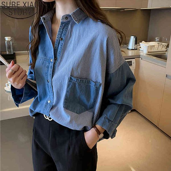 fashion shirts fall polo collar blue denim blouse long sleeve women blusas loose single breasted 7256 210417, White
fashion shirts fall polo collar blue denim blouse long sleeve women blusas loose single breasted 7256 210417, White