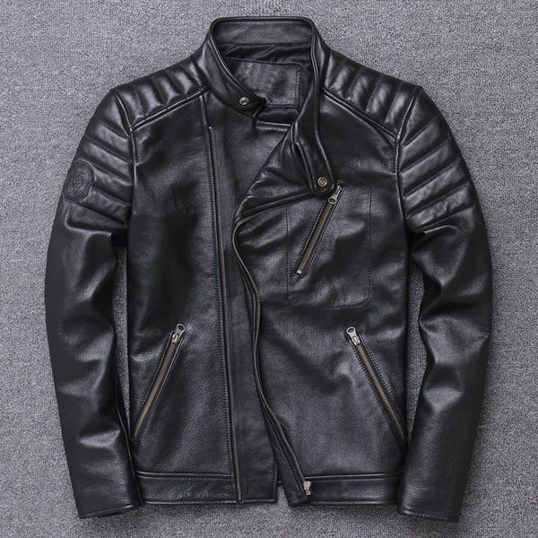 men's leather & faux handsome oblique zipper locomotive serve jacket genuine clothing stand lead short fund head layer, Black
men's leather & faux handsome oblique zipper locomotive serve jacket genuine clothing stand lead short fund head layer, Black