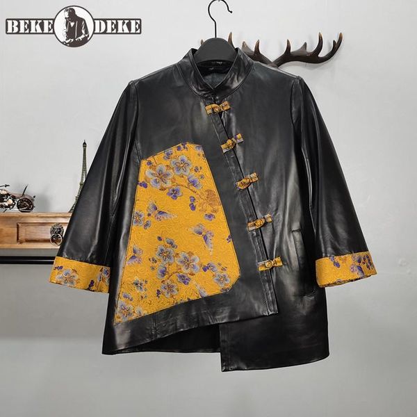 women's leather & faux vintage genuine jacket women patchwork printing stand collar chinese style tang suit sheepskin short coat female, Black
women's leather & faux vintage genuine jacket women patchwork printing stand collar chinese style tang suit sheepskin short coat female, Black