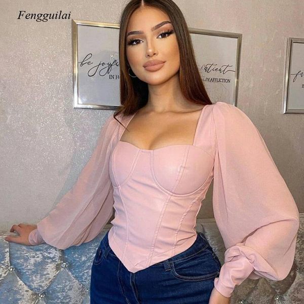 women's t-shirt mesh and pu leather patchwork cropped lantern sleeve slim corset square collar gothic retro, White
women's t-shirt mesh and pu leather patchwork cropped lantern sleeve slim corset square collar gothic retro, White