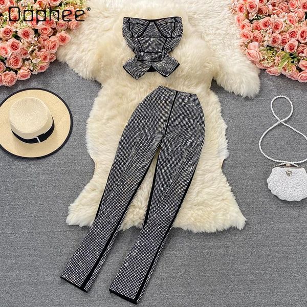 women's two piece pants rhinestone suit two-piece set ruffles slim waist short black tube woman high stretch trousers, White
women's two piece pants rhinestone suit two-piece set ruffles slim waist short black tube woman high stretch trousers, White