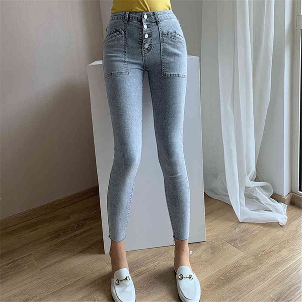 jean cotton high waist casual jeans women 2021 blue skinny slimming button fly denim pencil lady ankle length pants