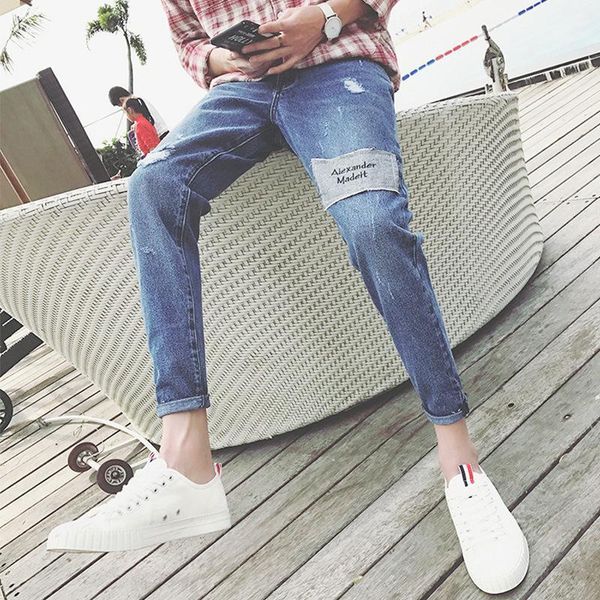 spring 2021 teenagers ripped jeans men's simple ankle length feet pants korean slim patch harem trousers, Blue
spring 2021 teenagers ripped jeans men's simple ankle length feet pants korean slim patch harem trousers, Blue