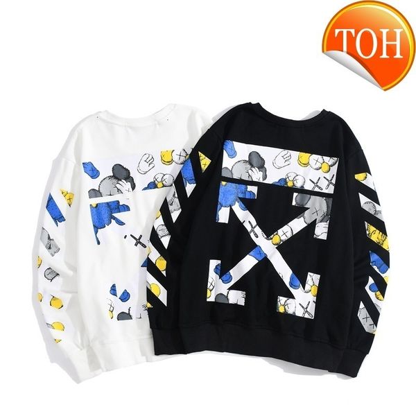 new trendy off back white cartoon character arrstyle print terry loose men's and women's round neck sweater, Black