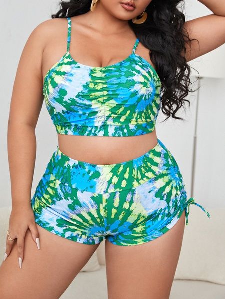 plus tie dye ruched bikini swimsuit l09r#, Black