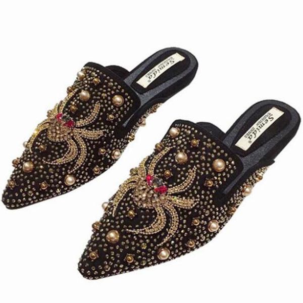 slippers women's flat pointed muller shoes female baotou half spider type rhinestones stars rivets s795, Black
slippers women's flat pointed muller shoes female baotou half spider type rhinestones stars rivets s795, Black