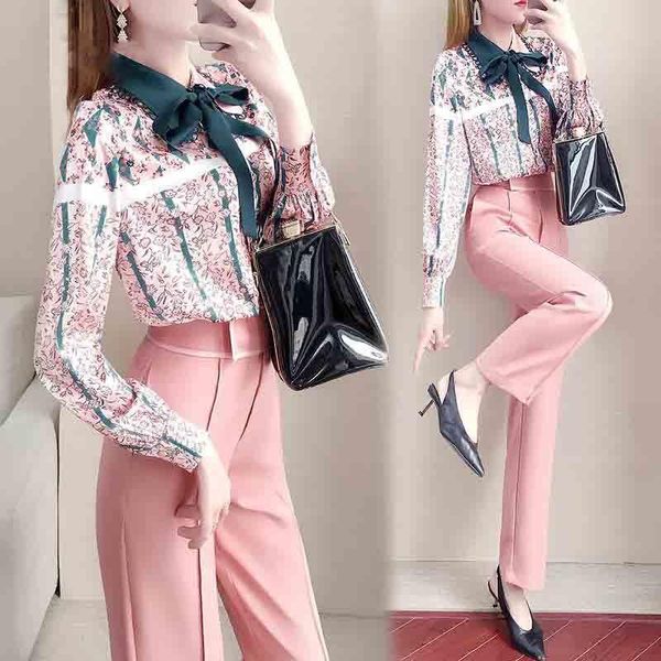 women's two piece pants spring suit 2-piece retro floral print bow shirt slim ns355, White
women's two piece pants spring suit 2-piece retro floral print bow shirt slim ns355, White