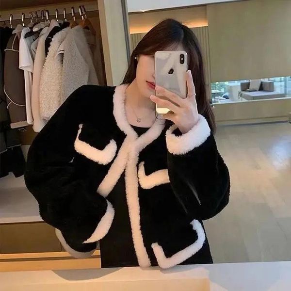 women's fur & faux lambswool chic jacket women fall winter thick vintage long sleeve cropped cardigan coat elegant wool outerwear, Black
women's fur & faux lambswool chic jacket women fall winter thick vintage long sleeve cropped cardigan coat elegant wool outerwear, Black