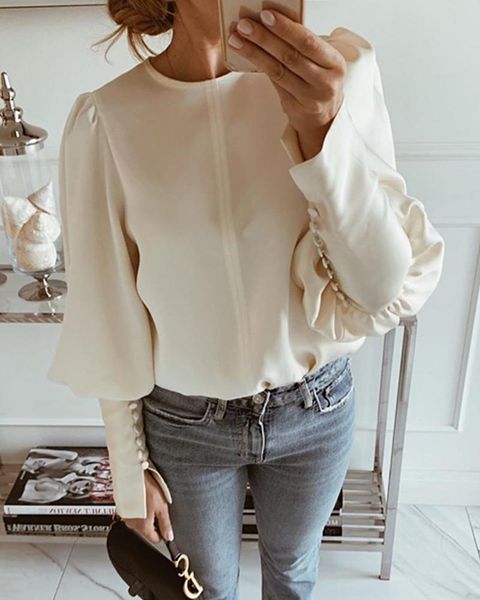 women winter autumn satin long sleeve button shirt office lady workwear solid round neck balloon blouse women's blouses & shirts, White
women winter autumn satin long sleeve button shirt office lady workwear solid round neck balloon blouse women's blouses & shirts, White