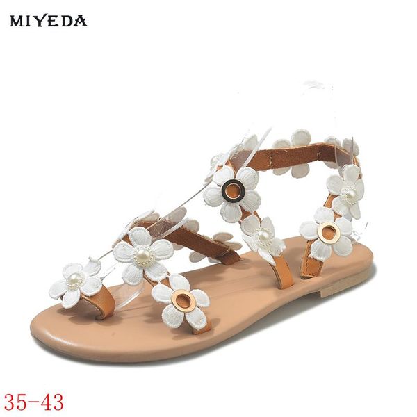 summer style lovely white flower ankle-strap flat sandals plus size 35-43, Black