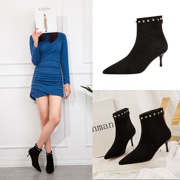fashion simple solid color thin heel high heel pointed rivet show thin boots women and bare boots, Black
fashion simple solid color thin heel high heel pointed rivet show thin boots women and bare boots, Black
