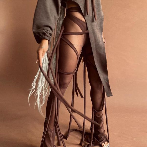 high waist mesh see women pants through bandage solid autumn winter fashion outfits trousers, Black;white
high waist mesh see women pants through bandage solid autumn winter fashion outfits trousers, Black;white