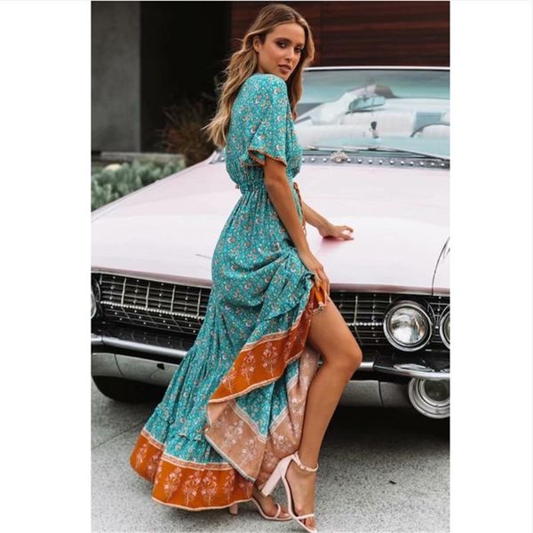 casual dresses summer female vintage print maxi dress waist tie ruffle hem boho women beach long v-neck short sleeve, Black;gray
casual dresses summer female vintage print maxi dress waist tie ruffle hem boho women beach long v-neck short sleeve, Black;gray