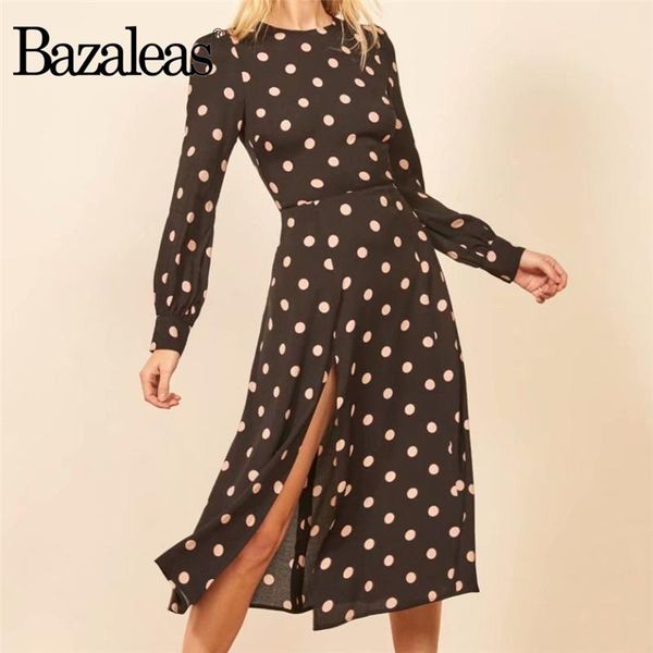 casual dresses bazaleas 2021 holiday split midi dress vintage pink dot print o neck women france chiffon vestidos, Black;gray
casual dresses bazaleas 2021 holiday split midi dress vintage pink dot print o neck women france chiffon vestidos, Black;gray