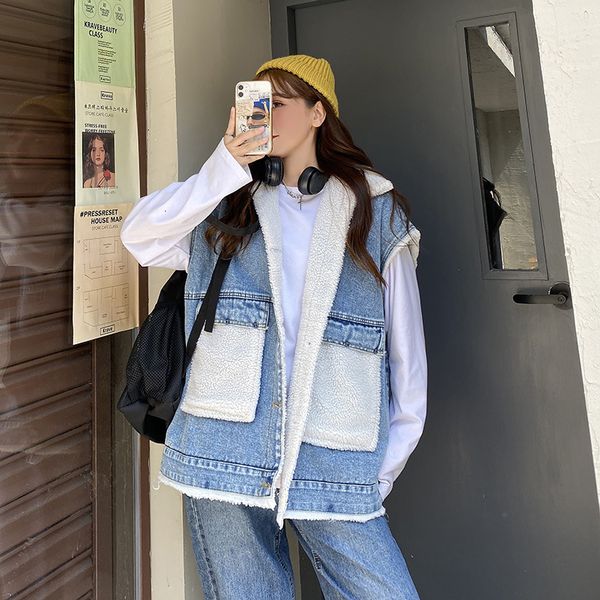 lamb cashmere denim waistcoat women 2021 autumn winter loose outside with large pocket coat casual plush vt, Black;white
lamb cashmere denim waistcoat women 2021 autumn winter loose outside with large pocket coat casual plush vt, Black;white