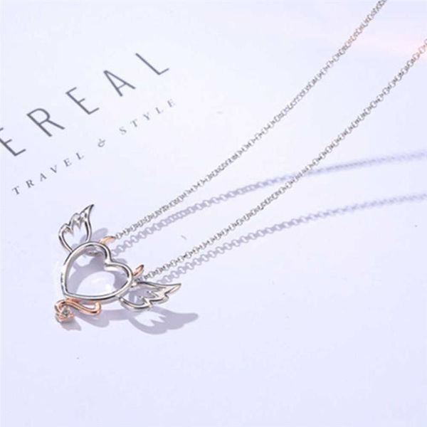 pendant necklaces heart shaped devil angel designed necklace double color neck swing clavicle chain, Silver
pendant necklaces heart shaped devil angel designed necklace double color neck swing clavicle chain, Silver