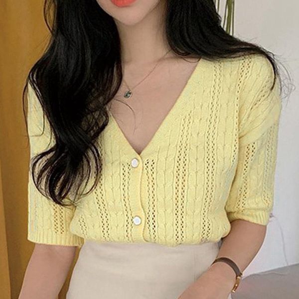 women's blouses & shirts summer low v-neck knitted single-breasted solid color wide loose shirt yellow, White
women's blouses & shirts summer low v-neck knitted single-breasted solid color wide loose shirt yellow, White