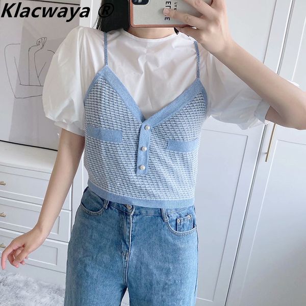 women spring and summer women's sweet gentle temperament fake two-piece knitted t-shirt 210521, White
women spring and summer women's sweet gentle temperament fake two-piece knitted t-shirt 210521, White