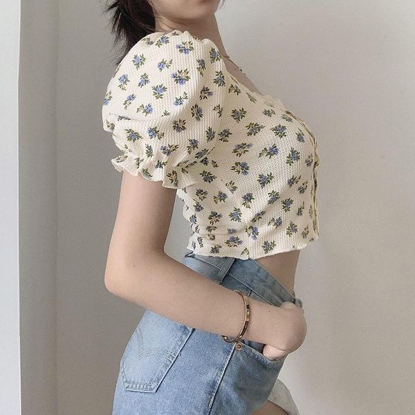 women's t-shirt retretro bm style floral short for summer design sense of small square collar lace bubble sleeve, White
women's t-shirt retretro bm style floral short for summer design sense of small square collar lace bubble sleeve, White