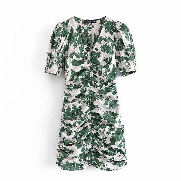 elegant retro leaves print v-neck short sleeve mini dress summer casual fashion female streetwear pleated dresses 210521, Black;gray